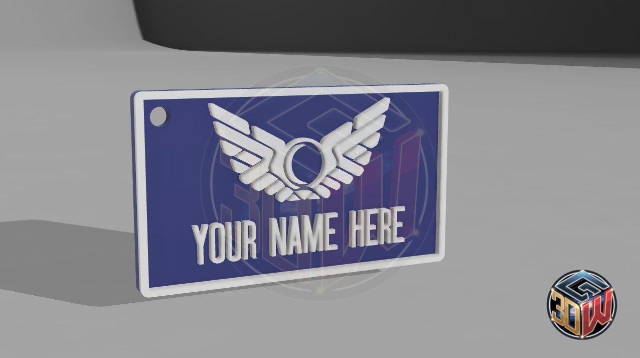 3D-printed, blue and white name tag with a space-themed design, featuring a winged emblem and customizable text area labeled 'Your Name Here.' The tag is rectangular, lightweight, and is a computer render.